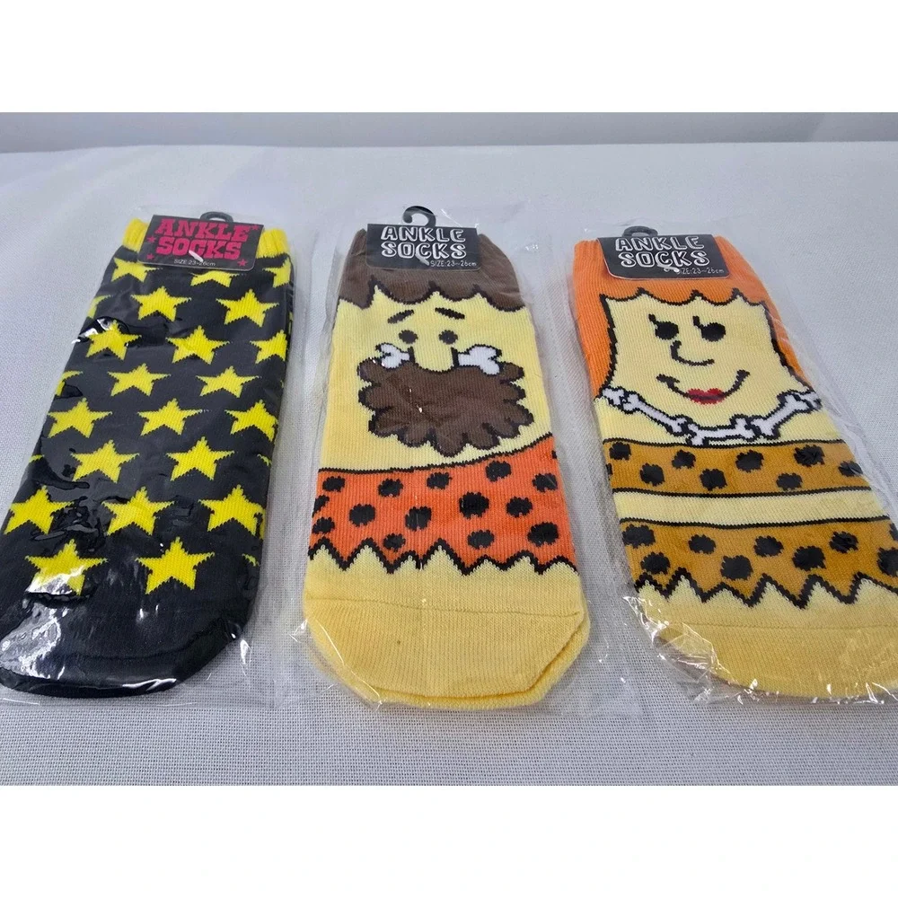 Ankle Socks 3 Pair Bundle Caveman Cavewoman Star Pattern Novelty Multi-Color NEW
